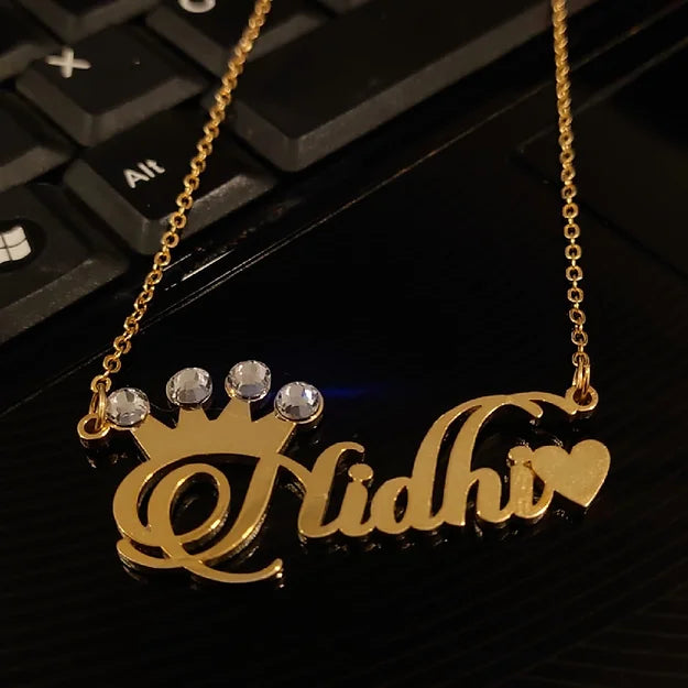 Stone Crown & Heart Name Pendent