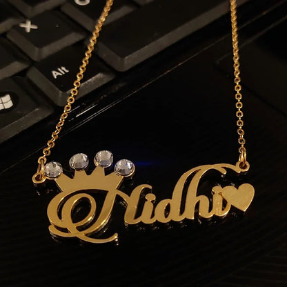 Stone Crown & Heart Name Pendent