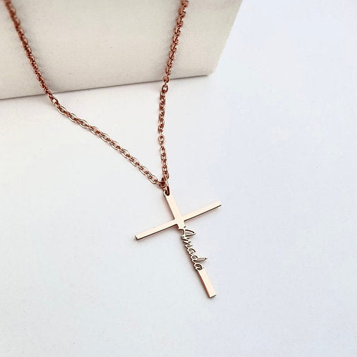 Cross Name Necklace, Personalized Cross - Sideway Name Necklace - Sideway Cross